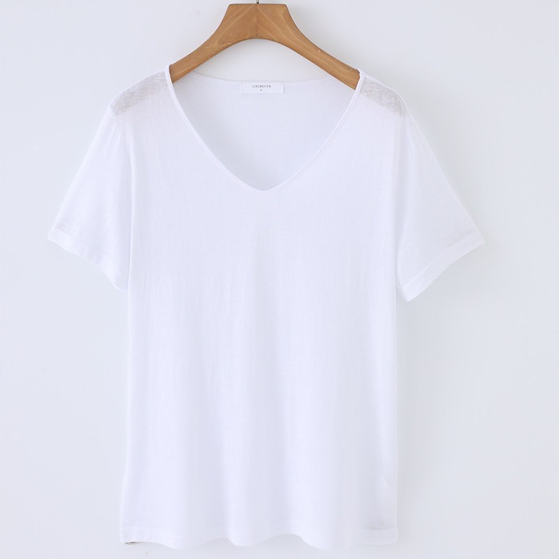 2676 เสื้อยืดแขนสั้นคอวีผ้าฝ้ายผสมลินินลายเกล็ดหิมะสำหรับฤ รูปที่ 6
