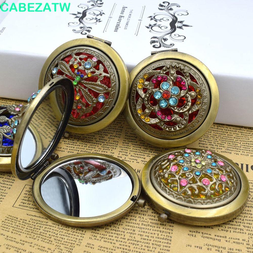 CABEZATW กระจกแต่งหน้ากลวงวินเทจ, กระจกพกพาพับขนาดเล็ก, กระจกแต่งหน้าทรงกลมกลวงทรงกลมสองด้านสร้างสรรค์สํานักงาน