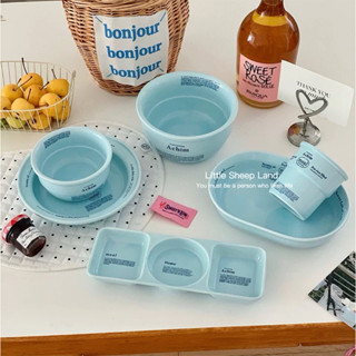 【จานเซรามิก】 จานขนม insครีมสีฟ้าภาษาอังกฤษแบบง่าย สไตล์เกาหล…