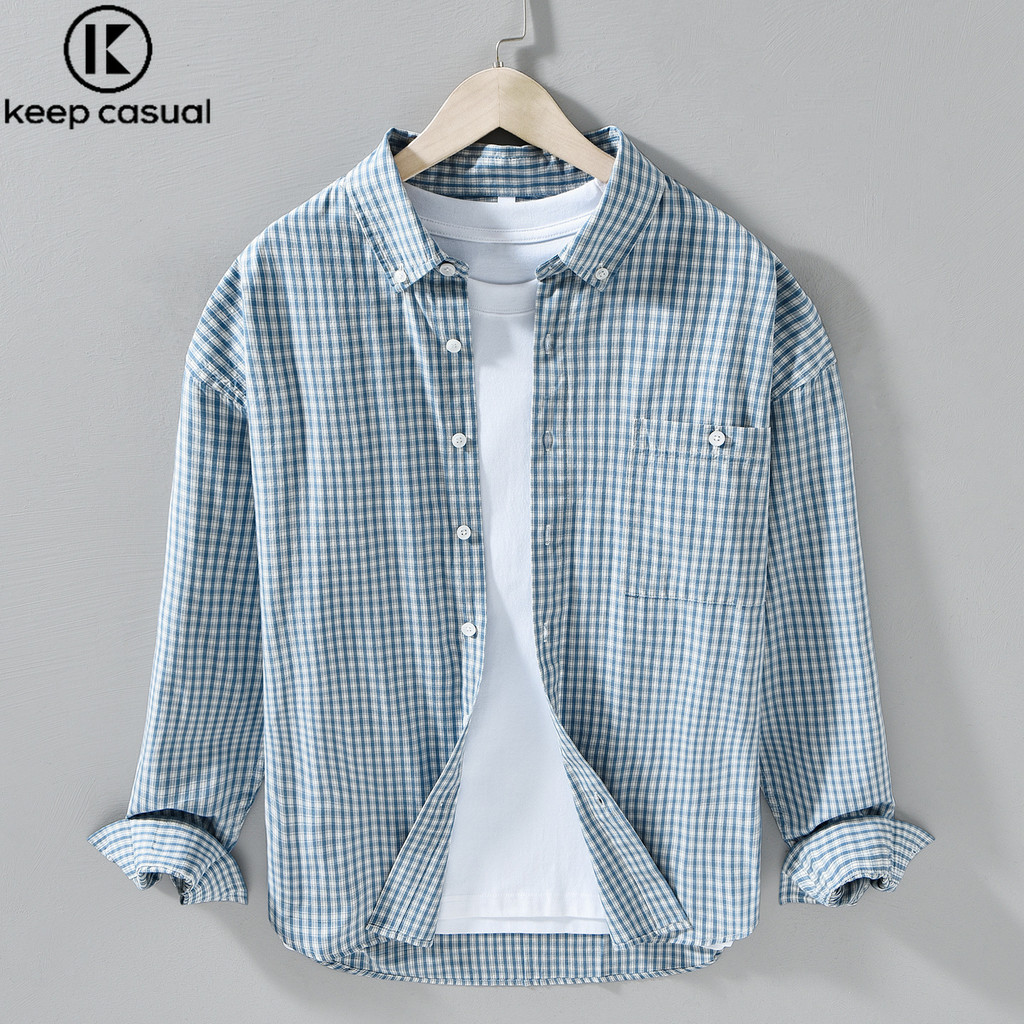 เสื้อเชิ้ตสไตล์ญี่ปุ่นแขนยาวสำหรับผู้ชาย ทำจากผ้าฝ้าย ใส่สบายและเหมาะกับวันหยุดพักผ่อนในหน้าร้อน