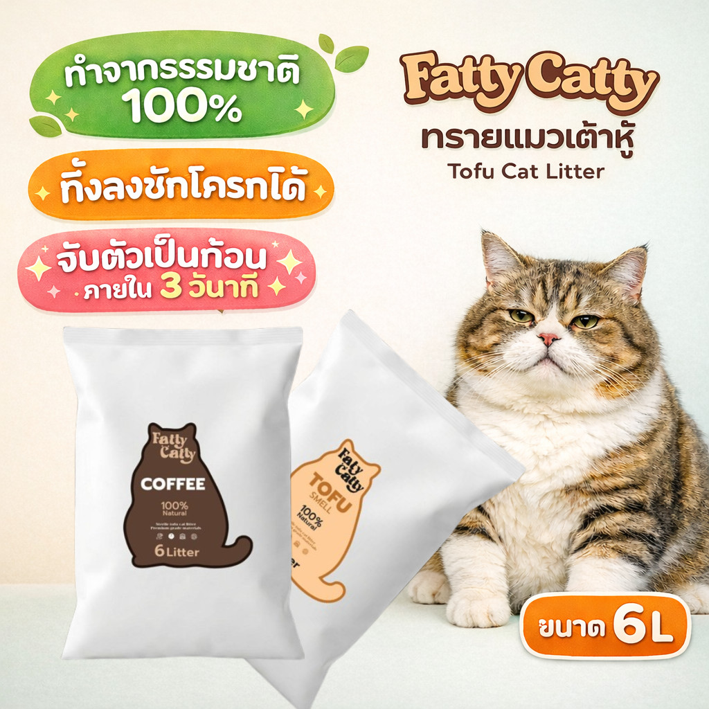 ทรายเต้าหู้ออร์แกนิค Fatty Cutty ขนาด6L ทรายแมว เกรดพรีเมี่ยม ทรายแมวออกร์แกนิค