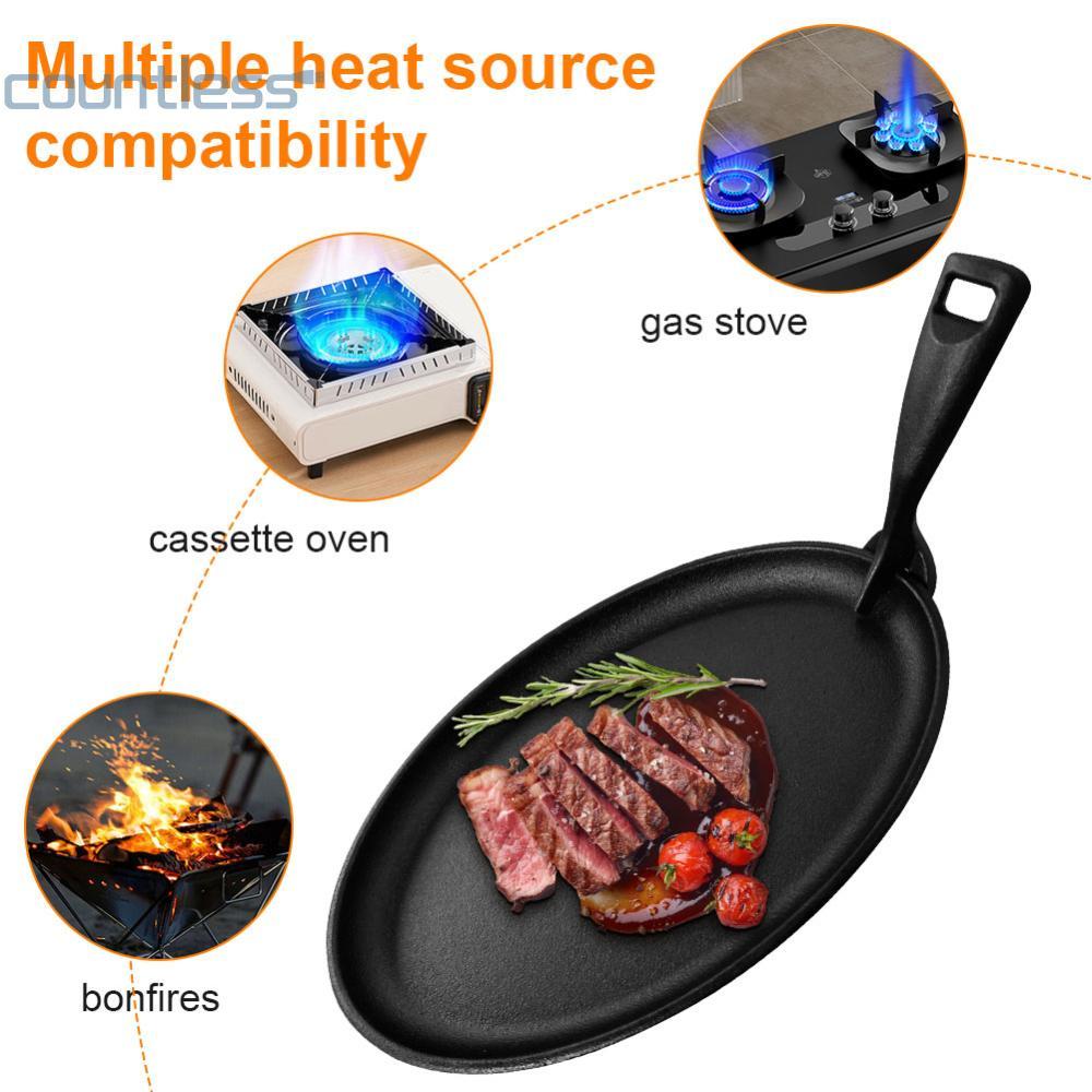 COD 10.6 X 6.89in เหล็กหล่อ Griddle รูปไข่รูปร่าง Sizzler Pan Sizzle Griddle Fajita แผ่นเซิร์ฟเวอร์ 