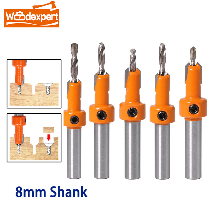 Countersink Drill Slot Bit 8 mm Shank with Depth Stop for Wood Hole Screw Cutter Adjustable with Hex