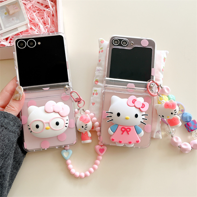 Wave Point Hello Kitty สร้อยข้อมือเคสโทรศัพท์สําหรับ Samsung Galaxy Z Flip 7 6 5 4 3 บานพับฝาครอบกัน