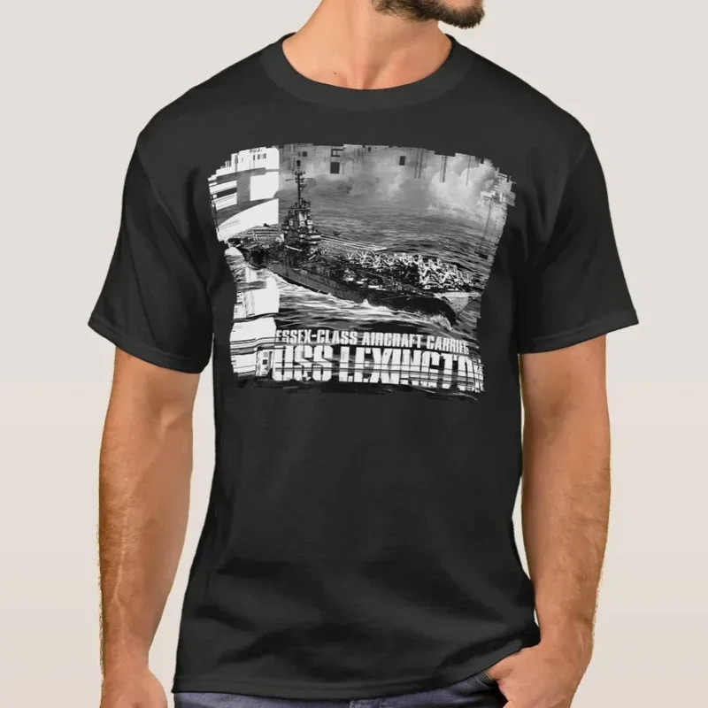 เสื้อยืดลายเรือบรรทุกเครื่องบิน USS Lexington CV-16 ยุคสงครามโลกครั้งที่ 2 ผลิตจากผ้าฝ้าย 100% คอทรง