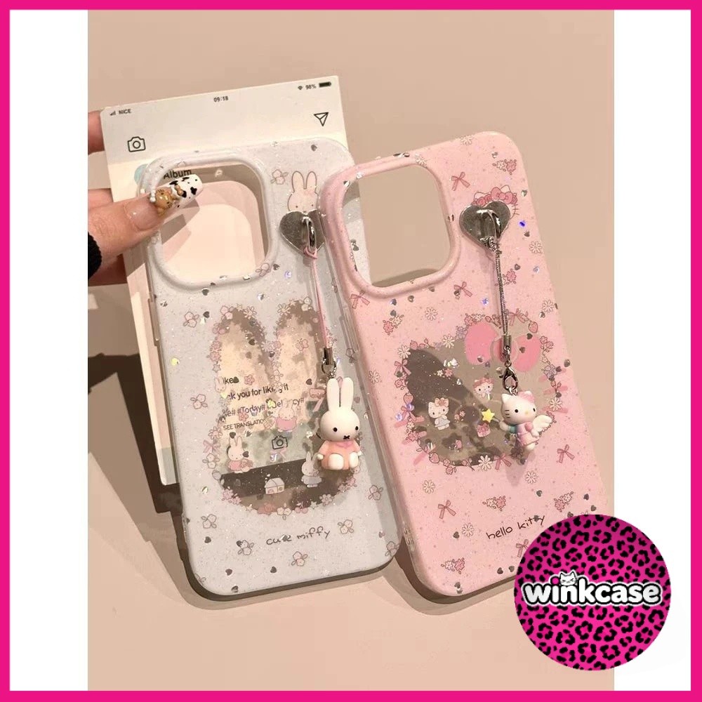 WINK กระต่ายลูกแมวน่ารักสีชมพูโบว์โบว์ดอกไม้เคส IPhone 16 11 14 13 15 12ProMax 7Plus 16 8 14 7 15Plus X XS Max XR SE2020