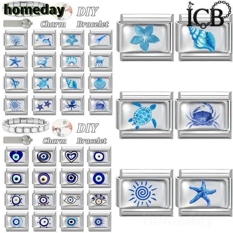 UV Drop กาว Blue Charm สไตล์อิตาเลียน ขนาด 9 มม., สร้อยข้อมือลิงค์ ตกแต่งตาทะเล แบบเรโทร