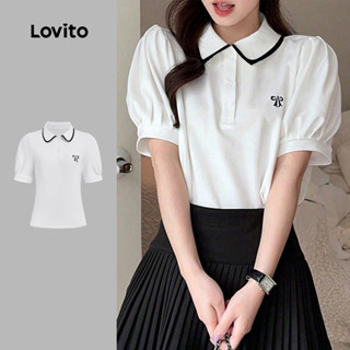 Lovito  เสื้อยืดลําลองสีขาวออฟไวท์สําหรับฤดูร้อนฤดูใบไม้ผลิส…