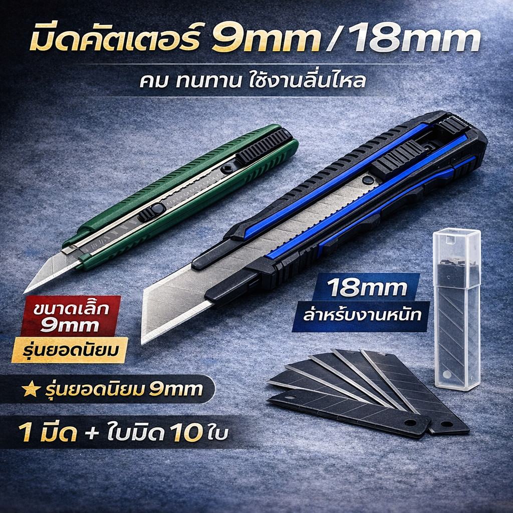มีดคัตเตอร์ งานหนัก 9mm ใบมีด SK5 Auto Lock 30° คมจัด ตัดลื่น อุปกรณ์สำนักงาน