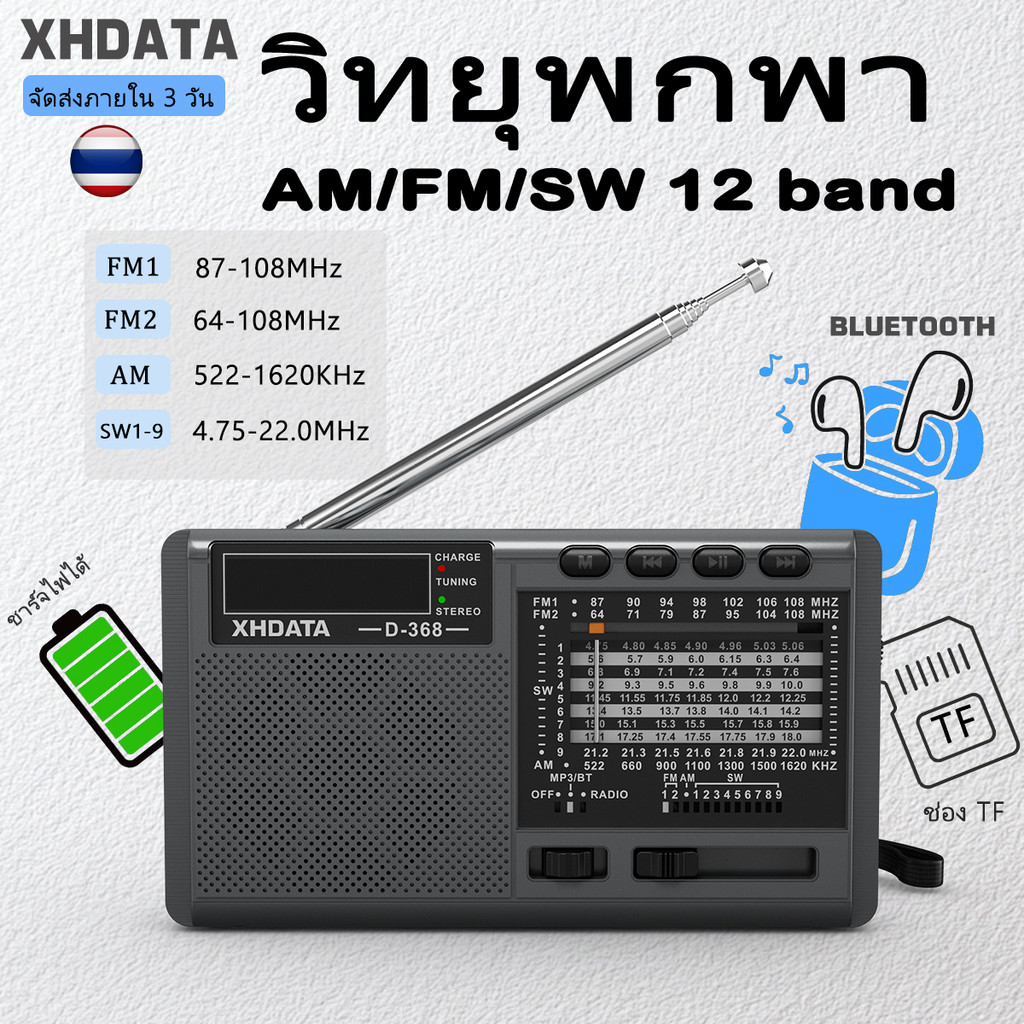 【USการรับรองจาก FCC】วิทยุติดรถยนต์พกพา XHDATA D368, เครื่องเล่นบลูทูธ, เครื่องเล่น MP3, วิทยุ FM, MW