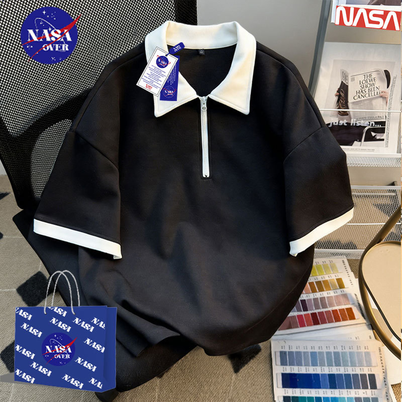 【จัดส่งจากกรุงเทพฯ】🔥NASA ฤดูร้อน สีดำ oversized เสื้อโปโลปก สีพื้น ดีไซน์ครึ่งซิป ลำลอง ใส่สบาย ยูนิเซ็กส์d