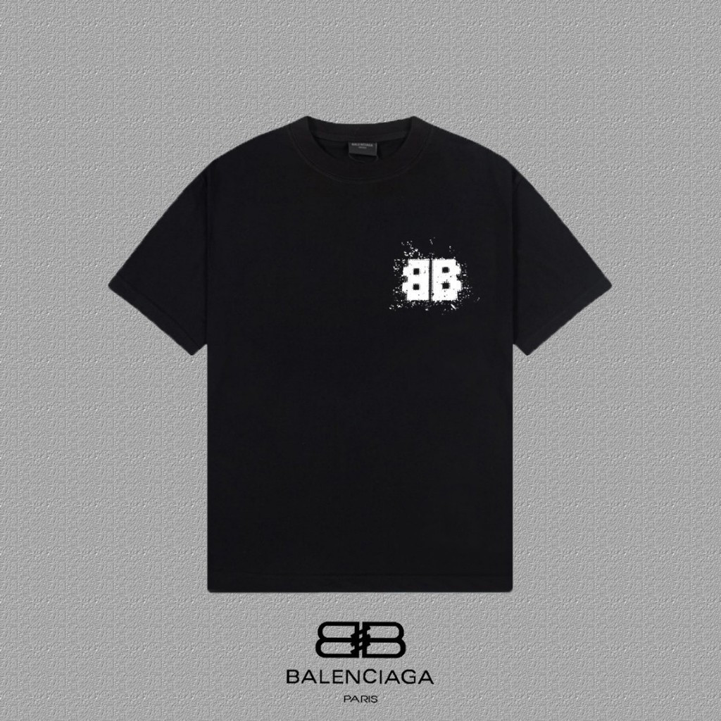 BALENCIAGA/BALENCIAGA คลาสสิกรอบคอแขนสั้นเสื้อยืดผู้ชายผู้หญิงสไตล์ Contrast สีฤดูร้อนใหม่รอบคอ Slim