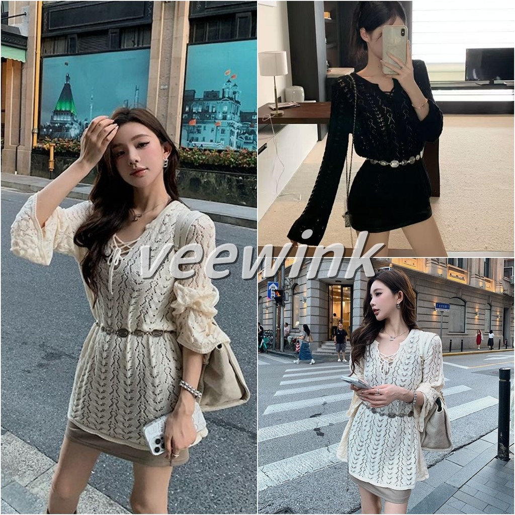 Veewink เสื้อถักฉลุคอวี แขนระฆังผูกเชือก เนื้อบางเบา ลุคสบาย ดีไซน์เก๋ ไม่ซ้ำใคร อินเทรนด์