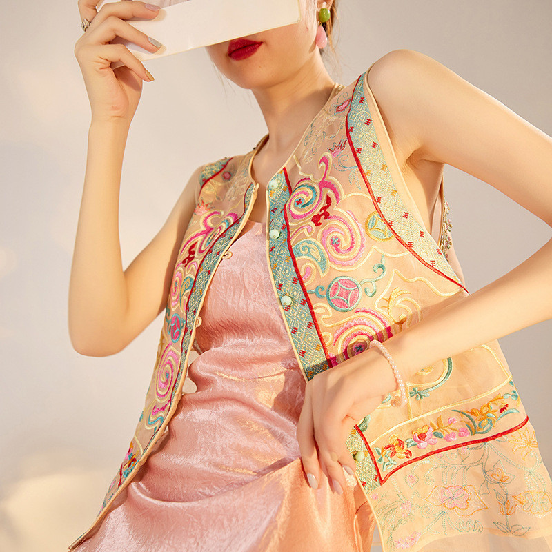 New Retro Stand-Up Collar Single-Breasted สไตล์จีนเสื้อกั๊กปักออกแบบผ้าไหมหม่อนเสื้อกั๊ก ZX สไตล์ N4