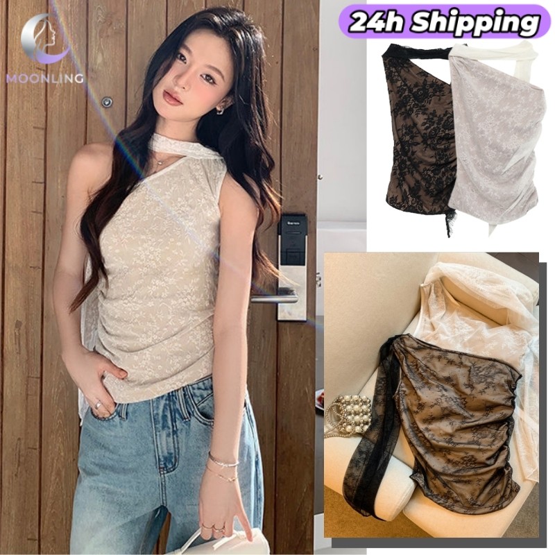MOON 'พร้อมส่ง' เสื้อกล้าม ปาดไหล่ ผ้าลูกไม้มีซับ ดีเทลผ้าผลิ้วน้ารัก เซ็กซี่ ฟองน้ำในตัว FY3006#1