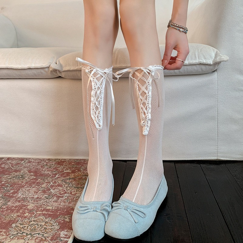ถุงเท้าน่องสตรี Thin Laced-Up Bow lolita Sweet JK
