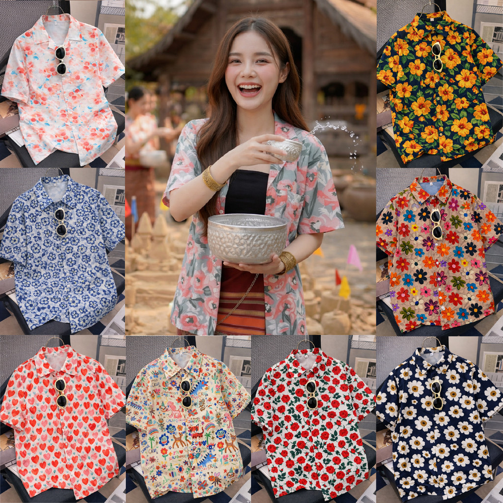 เสื้อสงกรานต์ ผู้หญิง ลายดอก คอปก แขนสั้น กระดุมหน้า ผ้าไหมอิตาลี สีฟ้าลายดอกสีชมพู เสื้อฮาวาย #3006