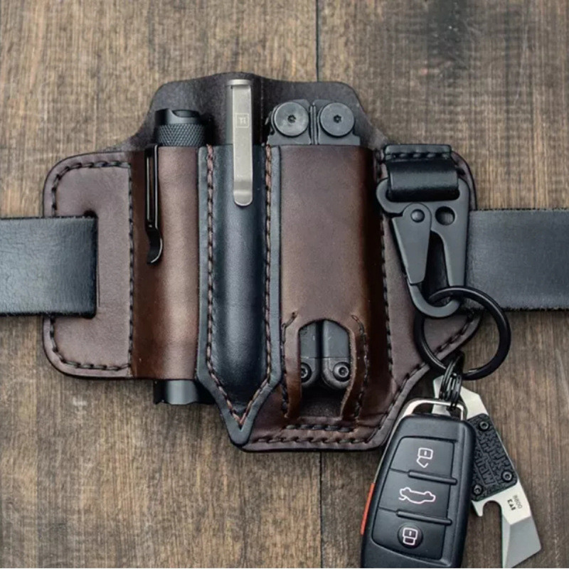 พร้อมส่ง เครื่องมือหนังวัว EDC ซองหนังไฟฉายยุทธวิธีกลางแจ้ง Wilderness Survival Storage กระเป๋าคาดเอวกระเป๋าเก็บ