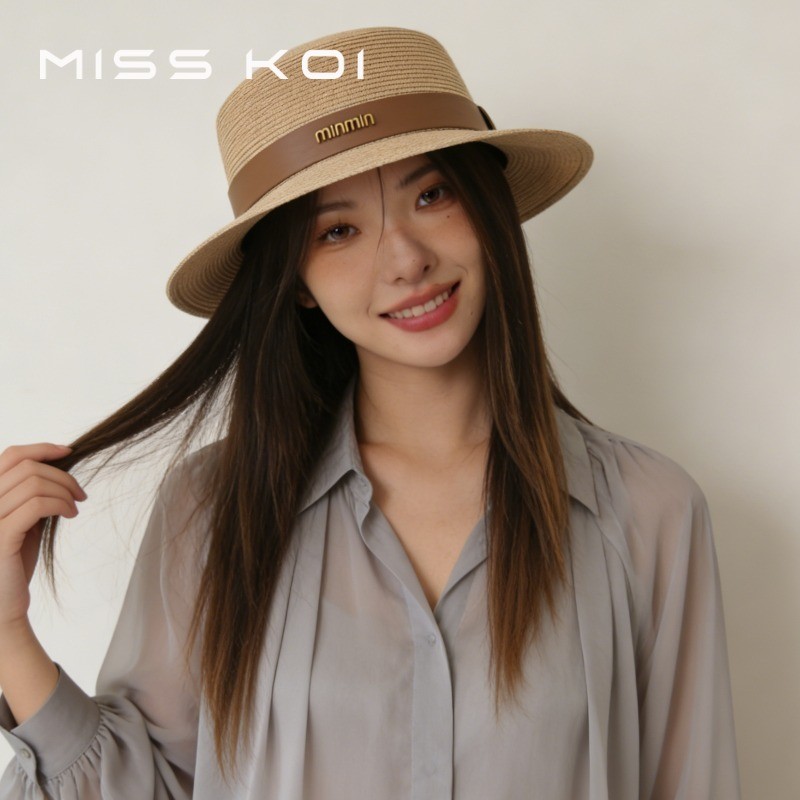 MISSKOI British Retro Letter Label Belt Top Hat Simple All-Match Beach Hat Vacation Sunscreen Flat T