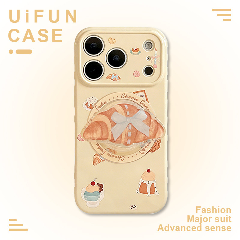 INS Blue Bowknot Croissant ที่วางขนมปังขาตั้งเคสโทรศัพท์แม่เหล็กสําหรับ iPhone 17 16 15 14 13 12 Pro Max Anti-fall ป้องกัน TPU ฝาหลังมือถือ