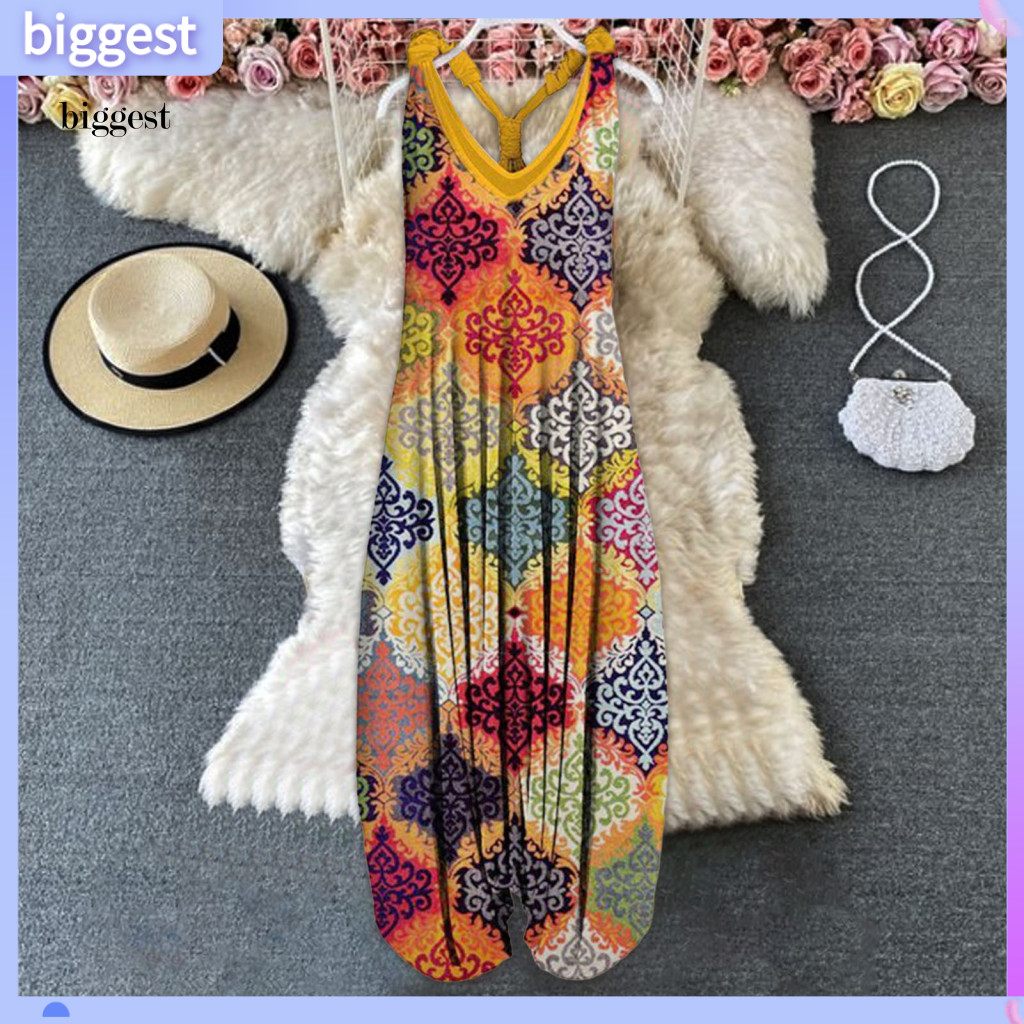 BGT ผู้หญิง Jumpsuit รูปแบบวินเทจฤดูร้อนหลวม V คอ Backless Jumpsuit Streetwear