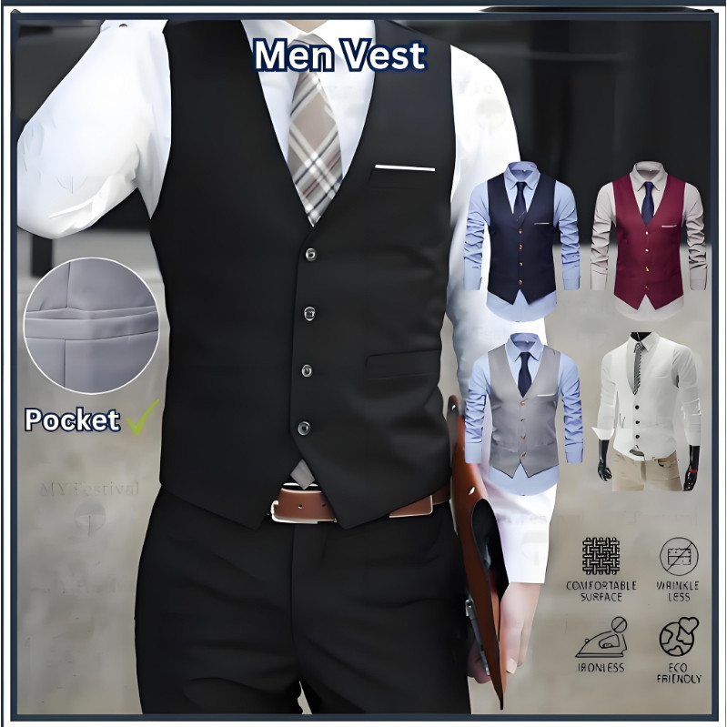 ผู้ชายอย่างเป็นทางการเสื้อกั๊กสูทเสื้อกั๊กสําหรับผู้ชายเดี่ยวหน้าอกธุรกิจกึ่งอย่างเป็นทางการสําหรับผู้ชาย