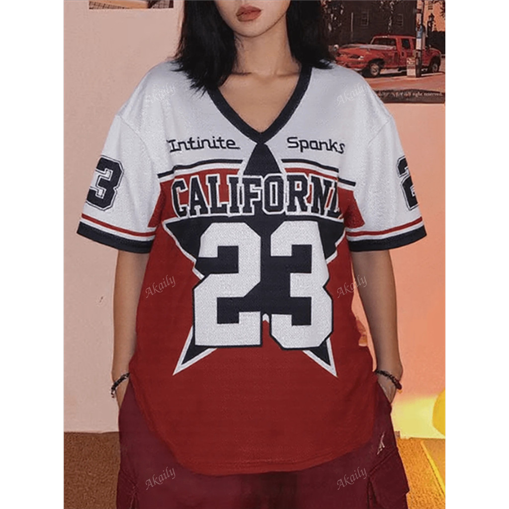 ฤดูร้อนสไตล์วิทยาลัยผู้หญิง Casual Colorblock Top - คอวีหลวมพิมพ์ดิจิตอลแขนสั้น P7YR