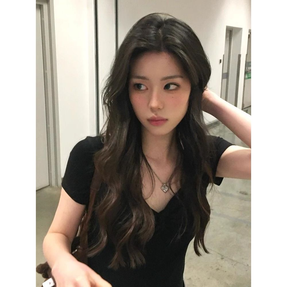 สไตล์ใหม่ด้านบนไหล่ Slim-fit ฤดูร้อนผ้าฝ้ายแท้สไตล์ cod ของแท้เสื้อสั้นแฟชั่นเกาหลี V คอแขนสั้นสาวร้