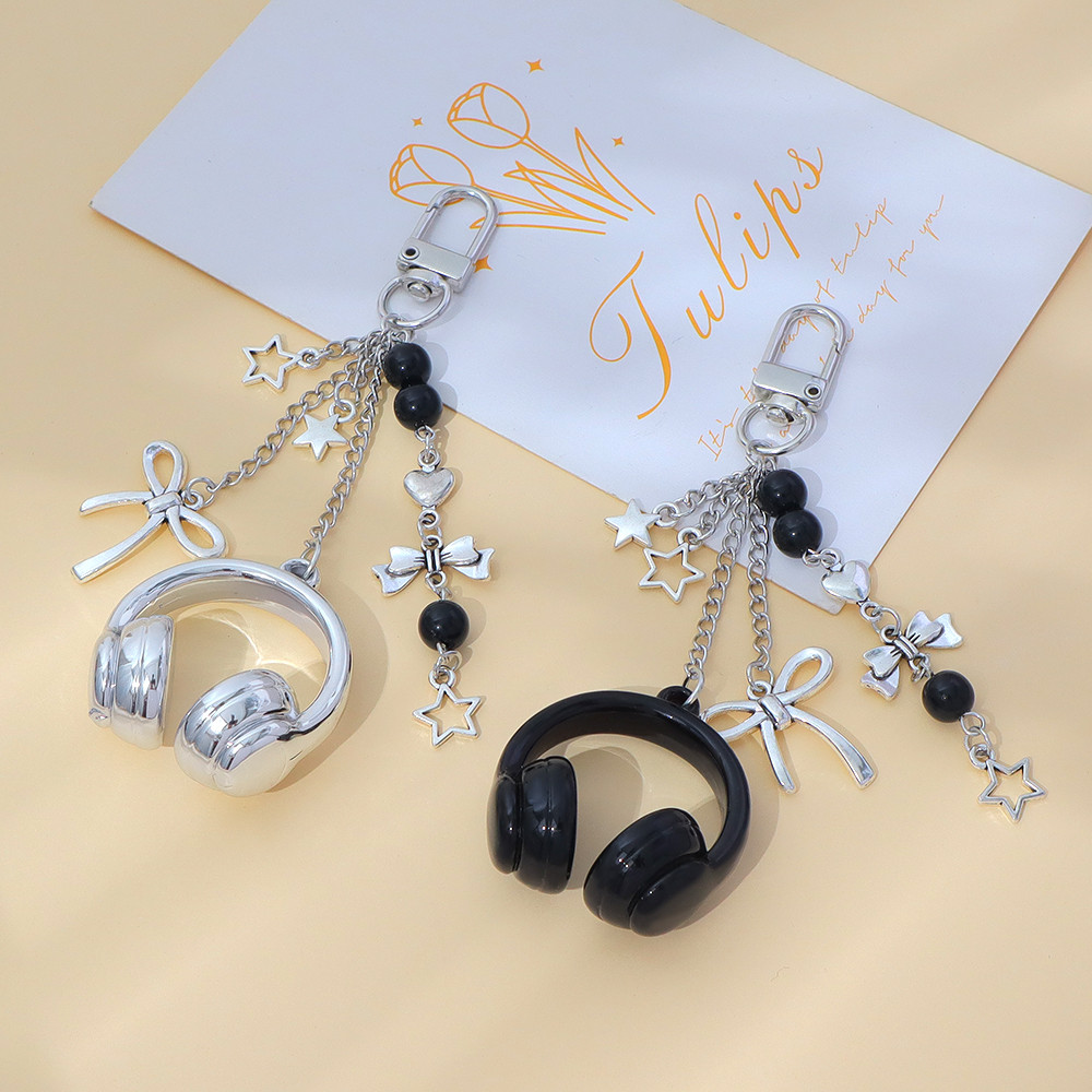 Creative ชุดหูฟังรูปร่างพวงกุญแจ Y2K โลหะ Bowknot Star Charm ผู้หญิงกระเป๋าถือตกแต่งพวงกุญแจของที่ระลึก