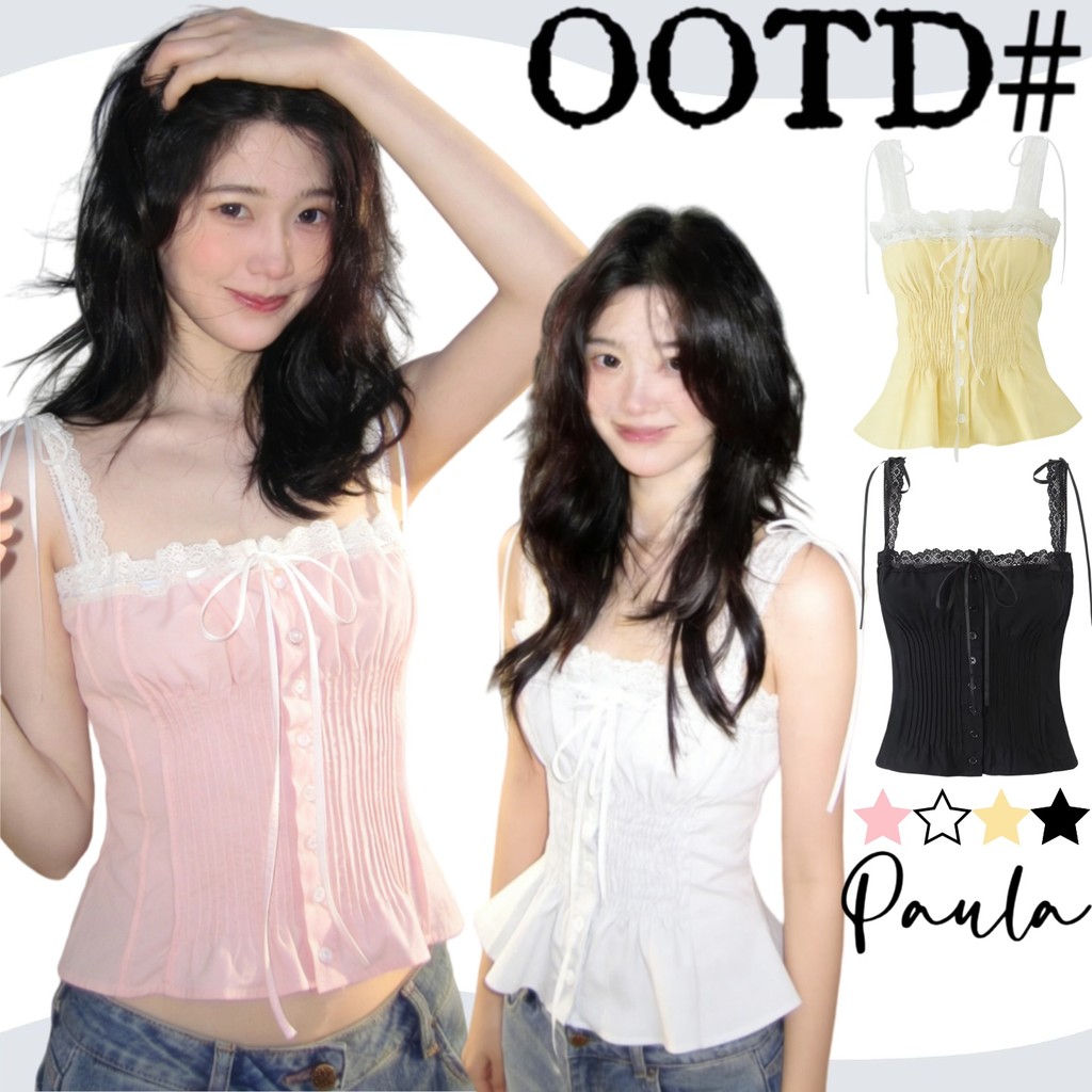 Paula พร้อมส่🌴เสื้อสายเดี่ยวลูกไม้คอ🌴เสื้อเบลาส์ผ้า พับผ้าด้านหน้า สวมใส่สบายไม่อับ หวานใส่ แฟชั่นฝรั่งเศส