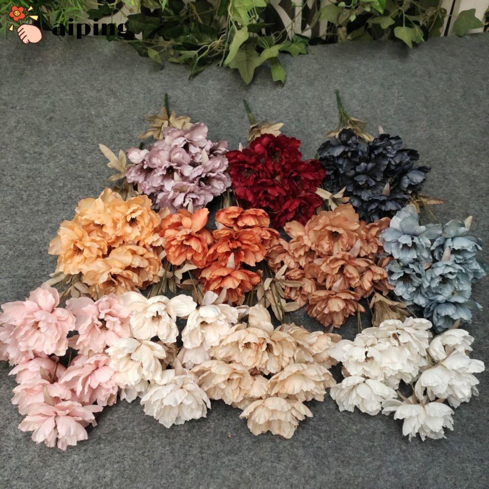 ไอปิง ดอกไม้ประดิษฐ์ ช่อโบตั๋น 9 หัว ใบสีเหลือง หลากสี ผ้าไหม จําลอง ช่อดอกไม้