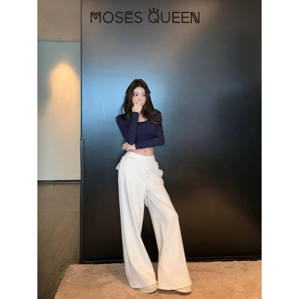 < MOSESQUEEN > กางเกงขากว้างเอวสูง ทรงพอดีตัว สไตล์ผ่อนคลายสำหรับงานและการพักผ่อน #63213