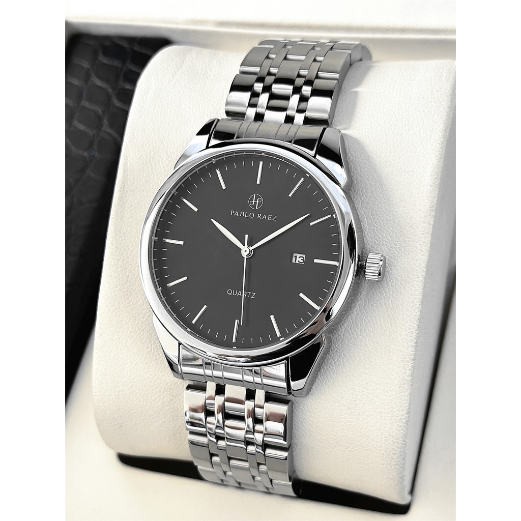 PABLO RAEZ ขายร้อนสีดําผู้ชายนาฬิกาสายเหล็กธุรกิจเรียบง่ายนาฬิกาควอทซ์กันน้ําหล่อ