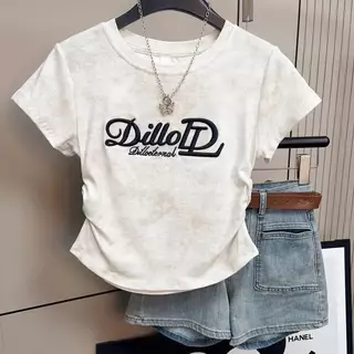 [Y D]🔥พร้อมส่ง🔥 เสื้อเด็กผู้หญิง เสื้อยืดแขนสั้น เสื้อครอปท็อป คอกลม เอวเข้ารูป พิมพ์ลายอักษร สไตล์เกาหลี #453
