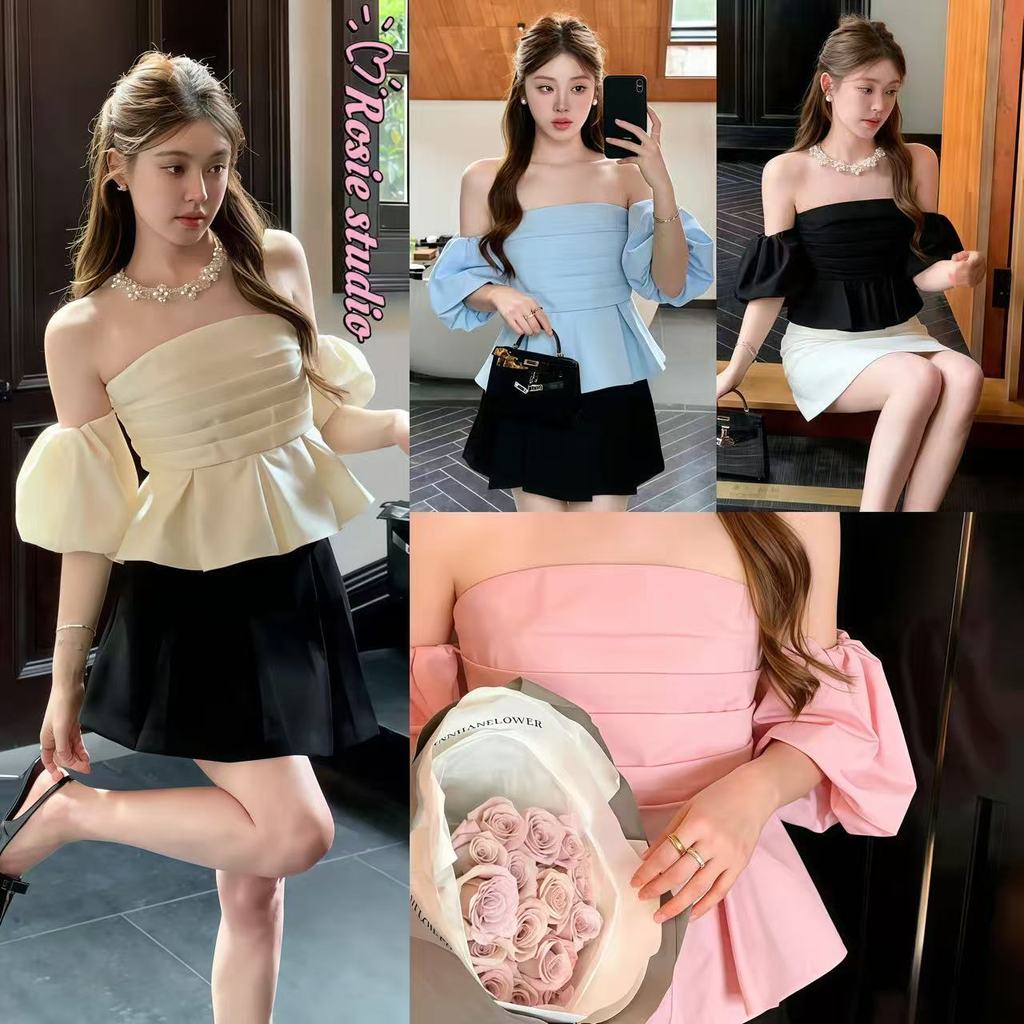 Rosie🎀พร้อมส่ง🍦เสื้อปาดไหล่แขนพองทรงครอป ผ้าร่องน่าชอบ เซ็กซี่และหรูหรา เหมาะเป็นชุดทะเล