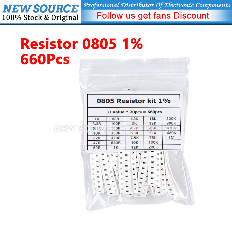 [660PCS] 0805 SMD Resistor Assorted Kit 33ValuesX 20PCS 1% 1R 1M 3.3R 4.7R 10R 22R 47K 100K 1K 470R 