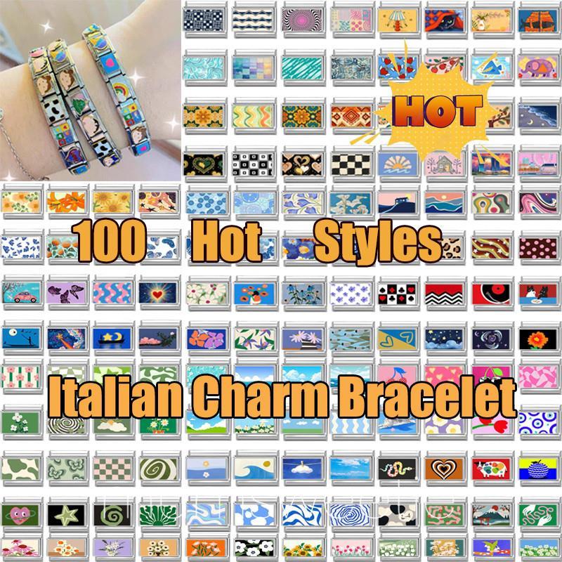 สร้อยข้อมือสแตนเลสขนาด 9 มม. สไตล์อิตาเลียน ลายดอกไม้สีสันสดใส ยืดหยุ่นพอดีวงข้อมือ