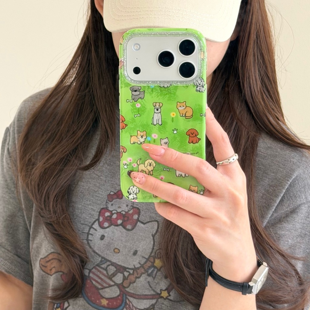 Sparkling Diamond Double sided Grass Cute Puppy iPhone Case 17 Pro Max 16 Pro Max 15 Pro Max 14 Pro 