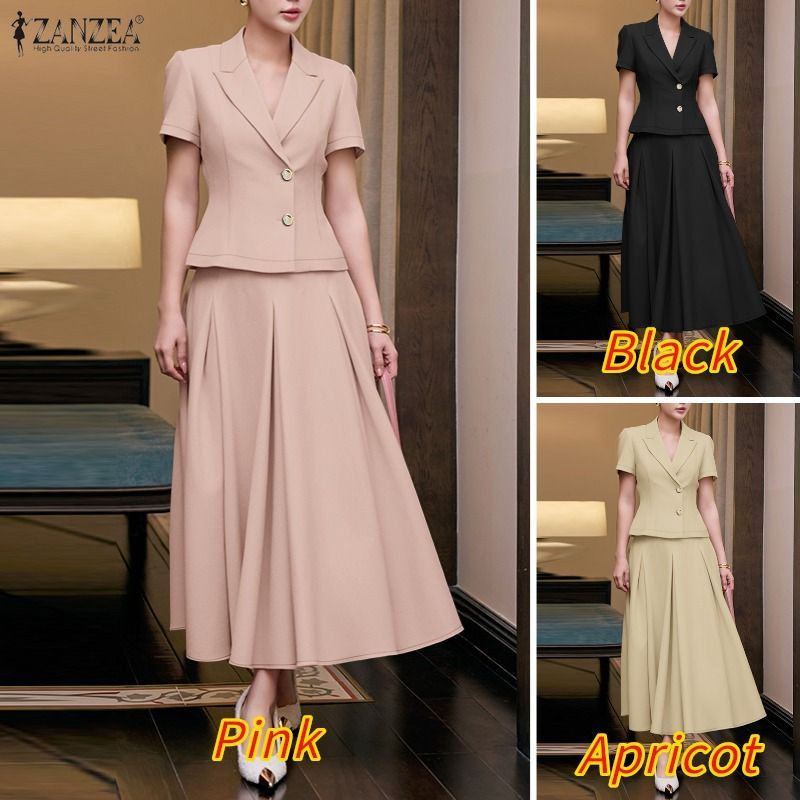ZANZEA ชุดทำงานสำหรับผู้หญิงสไตล์เกาหลี ดีไซน์ notch lapel แขนสั้น แบบซิปเดียว pleats ทรง A-line — صورة 3
