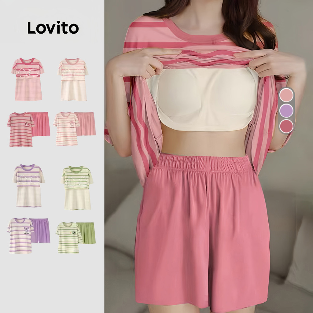 Lovito ชุดนอนคู่เซต2ชิ้นสไตล์คาสนวน ลายทางสีตัดกัน มีแผ่นรองในตัว สำหรับผู้หญิง LNE141042