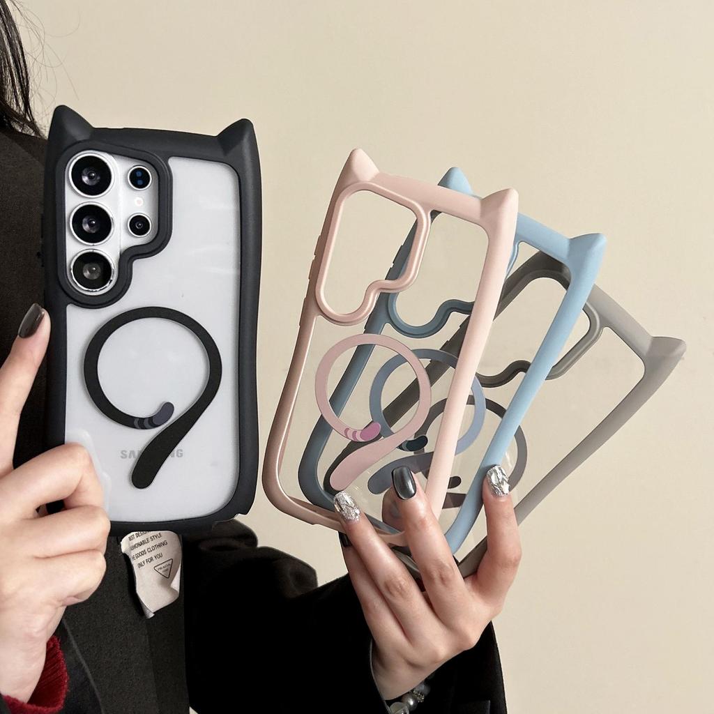 เคสโทรศัพท์แม่เหล็กหางแมวน่ารักสําหรับ Samsung S26 Ultra/S25/S24 Plus/S23 Plus ดีไซน์ใหม่; กันกระแทก ฝาครอบโปร่งใส