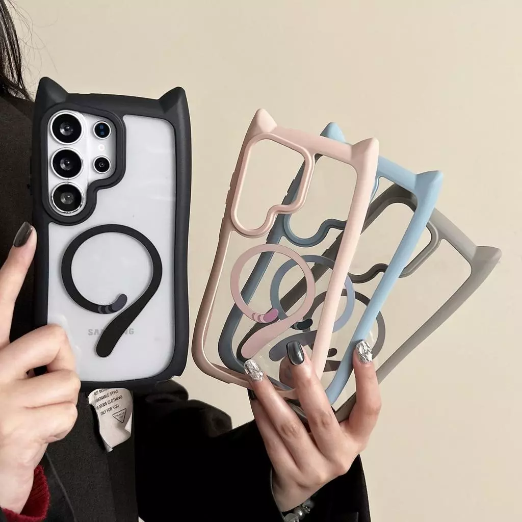 เคสโทรศัพท์แม่เหล็กหางแมวน่ารักสําหรับ Samsung S26 Ultra/S25/S24 Plus/S23 Plus ดีไซน์ใหม่; กันกระแทก ฝาครอบโปร่งใส