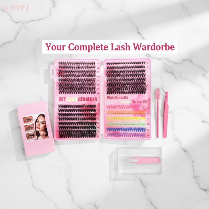 [LOVE] Colour Lash Clusters ชุดขนตาปลอม Extensions Kit Bond และ Seal จําลองที่มีสีสัน Grafted Eyelas