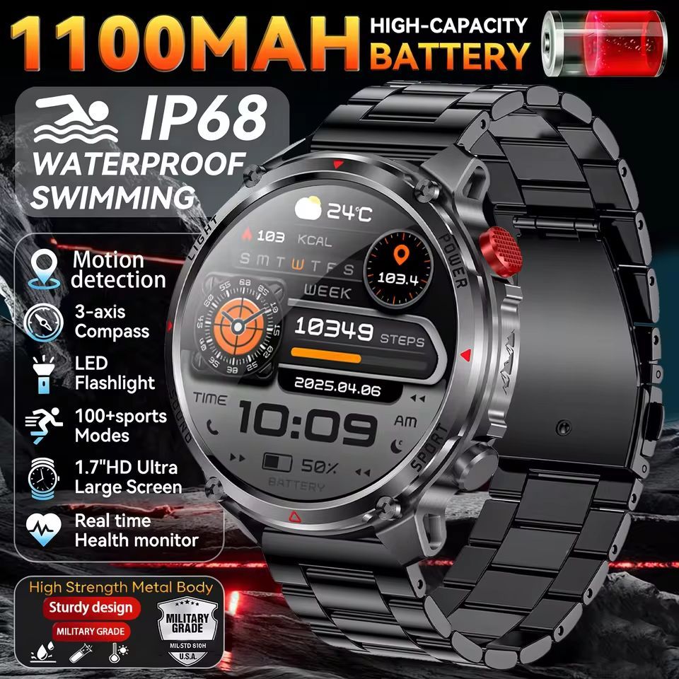 2026NEW ทหาร Smartwatch ผู้ชาย 1100mAh แบตเตอรี่ทนทานเป็นพิเศษ 1.7 นิ้ว HD หน้าจอเข็มทิศ SmartWatch 3ATM กันน้ํา HD Call 100 + โหมดกีฬาไฟฉาย LED