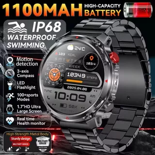 2026NEW ทหาร Smartwatch ผู้ชาย 1100mAh แบตเตอรี่ทนทานเป็นพิเศษ 1.7 นิ้ว HD หน้าจอเข็มทิศ SmartWatch 3ATM กันน้ํา HD Call 100 + โหมดกีฬาไฟฉาย LED