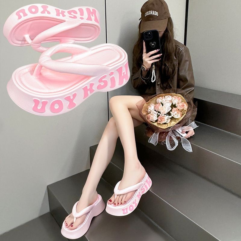 Heightening Flip-Flops ผู้หญิงสวมใส่ด้านนอกแฟชั่นเกาหลีรุ่น Anti-Slip Platform Soft Sole Flip-Flops 