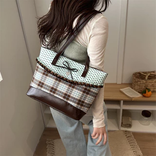 โบว์ตรวจสอบ Retro Checked Polka Dot Tote กระเป๋า Preppy สไตล์ขนาดใหญ่ความจุกระเป๋าถือ Commuter Class กระเป๋าสะพาย