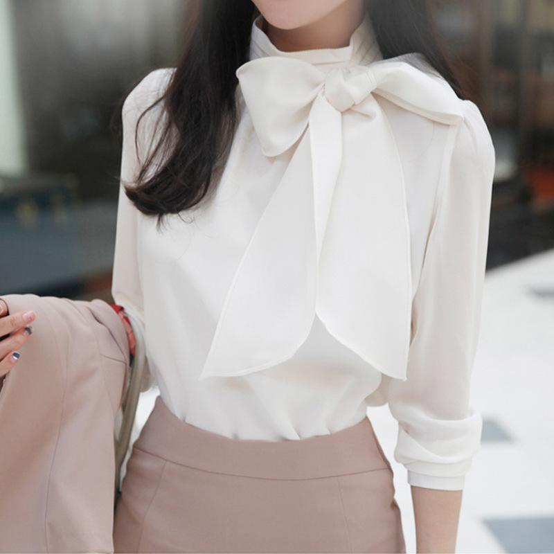 Red Berryเสื้อเชิ้ตแขนยาวสไตล์เกาหลีสำหรับฤดูใบไม้ร่วง คอปกผูกโบว์ คอตั้ง99316
