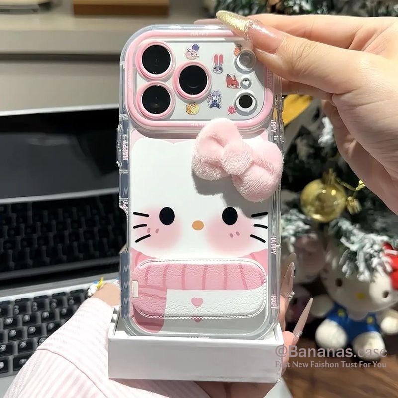 น่ารักสีชมพูกํามะหยี่โบว์ Kt แมวเคสโทรศัพท์สําหรับ iPhone 16 15 14 13 12 11 Pro Max X Xr Xs Max 7 8 Plus SE2020