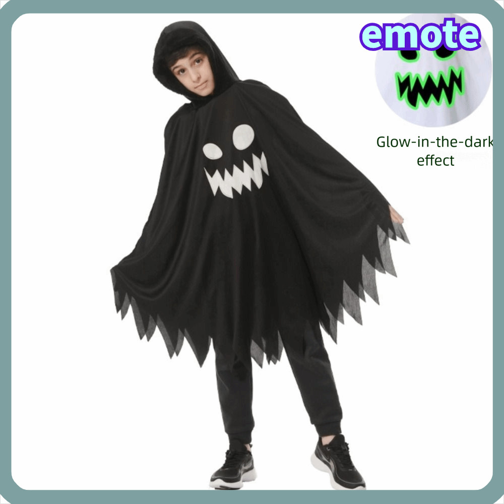 EMOTE ชุดฮาโลวีน, สีขาวสีดําเรืองแสงใน Dark Ghost คอสเพลย์ Cape, เด็กแต่งตัว Ghost Face Design ฟักทอ